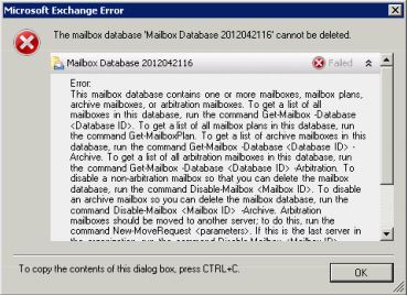 The mailbox database "" cannot be deleted