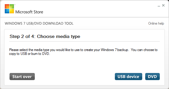 Windows 7 USB/DVD Download tool - Choose media type