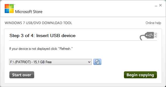 Windows 7 USB/DVD Download tool - Insert USB device