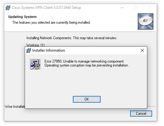 cisco vpn client 64 bit error 27850