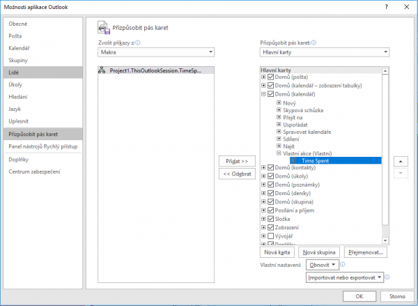 Outlook - Přidání akce do pásu karet